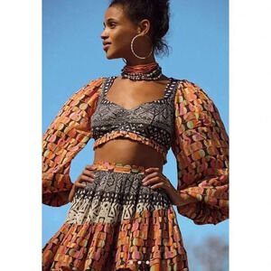 Free People Naomi Set Women’s XS Neutral Print Puff Sleeve Top Ruffle Mini Skirt